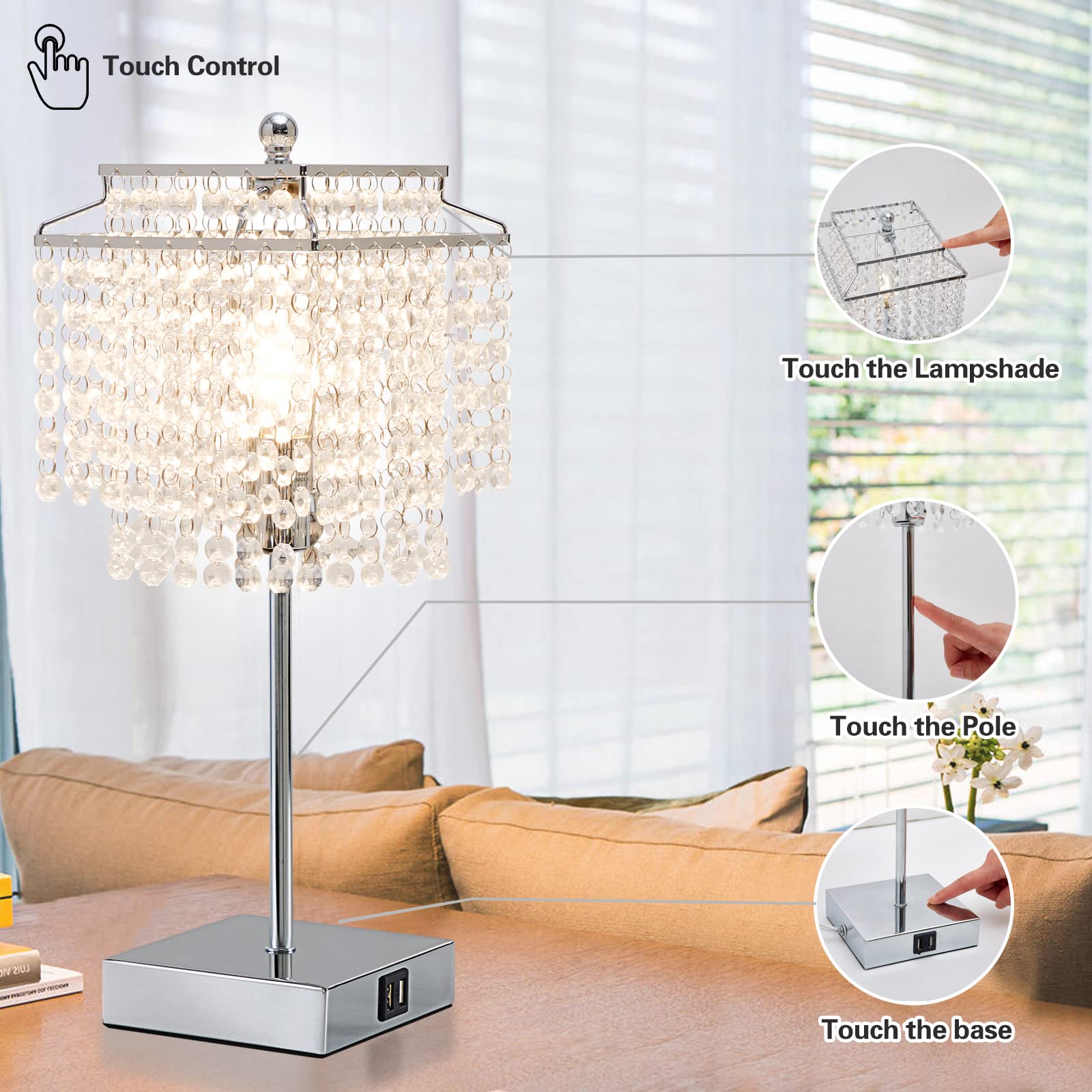 Luvkczc Crystal Table Lamp with Touch Control Set of 2, USB